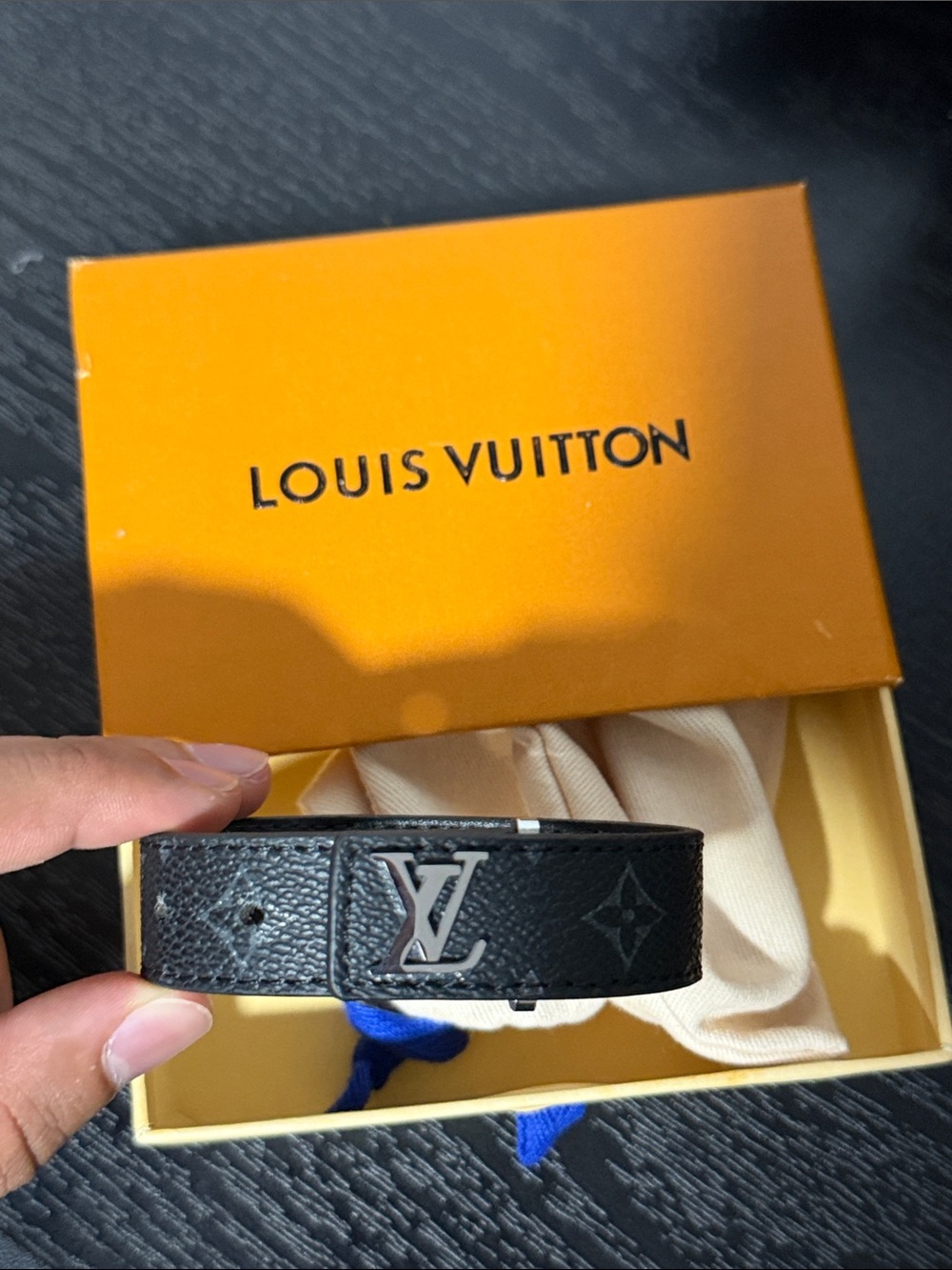 Louis Vuitton Black Monogram LV Logo Bracelet with Silver Hardware